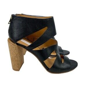See by Chloe Dania Pietra Black Leather Cutout Cork Heels Sandals 39.5 / 9.5